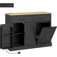 HOMCOM Tilt Out Trash Cabinet with Charging Station, Kitchen Island with Storage, 57 Liter Hidden Rubbish Bin Storage, Black