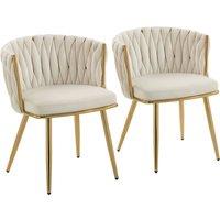 HOMCOM Velvet-Feel Dining Chairs Set of 2, Modern Upholstered Kitchen Chairs with Woven Backrest and Armrests, Metal Legs and Padded Seat for Dining Room, Bedroom, Living Room, Cream