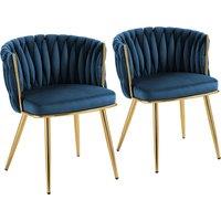 HOMCOM Velvet-Feel Dining Chairs Set of 2, Modern Upholstered Kitchen Chairs with Woven Backrest and Armrests, Metal Legs and Padded Seat for Dining Room, Bedroom, Living Room, Dark Blue
