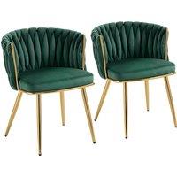 HOMCOM Velvet-Feel Dining Chairs Set of 2, Modern Upholstered Kitchen Chairs with Woven Backrest and Armrests, Metal Legs and Padded Seat for Dining Room, Bedroom, Living Room, Dark Green