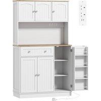 HOMCOM 173 cm Tall Kitchen Cupboard with Charging Station, Pantry Storage Cabinet with Adjustable Shelves and 4 Door Racks