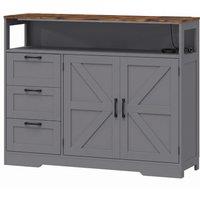 HOMCOM Sideboard Cabinet with Power Outlet, Farmhouse Kitchen Cabinet with 3 Drawers and Open Shelf, Grey