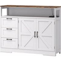 HOMCOM Sideboard Cabinet with Power Outlet, Farmhouse Kitchen Cabinet with 3 Drawers and Open Shelf, White
