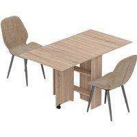 HOMCOM Dining Table Set, Folding Kitchen Table with Storage Shelves, 2 Velvet Upholstered Chairs, Natural Wood Finish and Light Brown