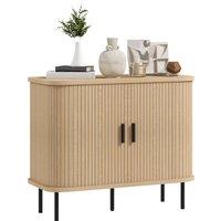 HOMCOM Mid-Century Modern Sideboard Storage Cabinet with Slatted Tambour Sliding Doors, Kitchen Cabinet with Steel Legs, Oak Tone Aosom UK