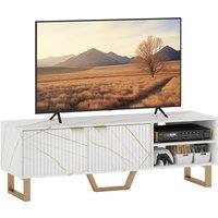 HOMCOM Marble Effect TV Unit, TV Stand Cabinet for up to 70" TVs, Modern TV Cabinet with Shelves and Storage Cupboard, Fluted Door, Extra Centre Leg, Cable Management for Living Room, White