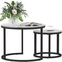 HOMCOM Glass Coffee Table Set of 2, Round Nest of Tables with Marble-Effect Tempered Glass Tabletop, Modern Side Tables for Living Room, White