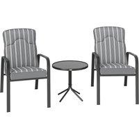 Outsunny 3-Piece Patio Bistro Set, 5-Position Adjustable Recliner Garden Chairs and Tempered Glass Table, Garden Furniture Set with Cushions, High Back, Armrests, Metal Frame for Balcony Patio, Grey