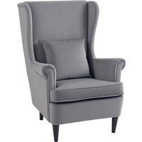 HOMCOM Modern Accent Chair, Upholstered Wingback Armchair with High Backrest and Pillow, Velvet-Feel Fabric Reading Chair with Solid Wood Legs for Living Room, Bedroom, Home Office, Dark Grey