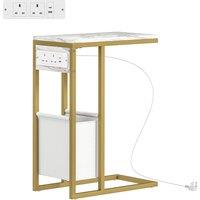 HOMCOM C Shaped Side Table with Charging Station and Faux Marble Top - White