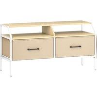 HOMCOM TV Stand Cabinet, TV Unit for 55-inch TVs with 2 Foldable Fabric Drawers, 5 Divided Side Pockets, Open Shelves, Console Table for Living Room, Bedroom, Entertainment Room, Natural Wood Finish