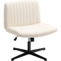 HOMCOM Armless Office Chair No Wheels, Linen Fabric Criss Cross Legged Desk Chair with Wide Seat, Thick Padding, Tilt Function, Height Adjustable Swivel Computer Seat for Home, Cream