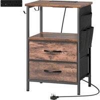 HOMCOM Bedside Table with Charging Station - Rustic Brown