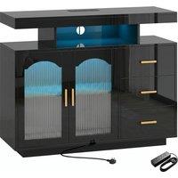HOMCOM High Gloss Sideboard with LED Lights, Built-in Power Outlets, 3 Drawers, Shelves and 2 Acrylic Doors, Black