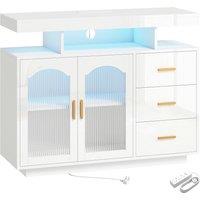 HOMCOM High Gloss Sideboard with LED Lights, Built-in Power Outlets, 3 Drawers, Shelves and 2 Acrylic Doors, White