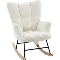 HOMCOM Rocking Chair, Teddy Fleece Rocker Chair with Tufted Wingback, Side Pockets, Rubber Wood Legs, Cream White