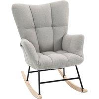 HOMCOM Rocking Chair, Teddy Fleece Rocker Chair with Tufted Wingback, Side Pockets, Rubber Wood Legs, Light Grey