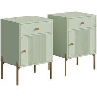 HOMCOM Modern End Table Set of 2, Side Tables with Drawer, Cabinet and Metal Legs for Living Room, Bedroom, Light Green