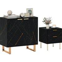 HOMCOM Sideboard, Accent Cabinet with Marble Effect, Adjustable Shelf, Fluted Doors and Drawers, Black