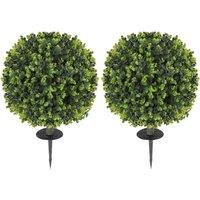 HOMCOM Set of 2 40 cm Artificial Boxwood Topiary Ball Bush with Integrated Ground Stake, Indoor Outdoor UV Resistant Faux Greenery, Faux Plants for Garden, Porch, Balcony