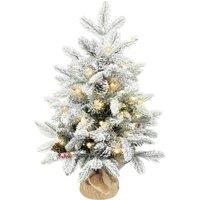 HOMCOM 60 cm Prelit Small Christmas Tree with 35 LED Lights, Snow Flocked Tabletop Mini Xmas Tree with Pine Cones, Berry Clusters and Linen Cover Base, Battery Operated, Green