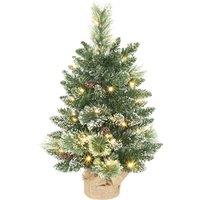 HOMCOM 60 cm Prelit Small Christmas Tree, Snow Flocked Tabletop Mini Xmas Tree with 35 LED Lights, Pine Cones and Linen Cover Base, Battery Operated, Green