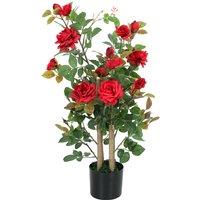 HOMCOM 90cm Artificial Rose Tree, Decorative Fake Plant with 344 Silk Leaves 17 Flowers for Outdoor Indoor Decor, Red