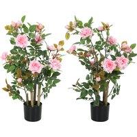 HOMCOM 90cm Artificial Rose Tree Set of 2, Decorative Fake Plant with 344 Silk Leaves 17 Flowers for Outdoor Indoor Decor, Pink
