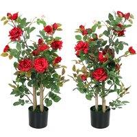 HOMCOM 90cm Artificial Rose Tree Set of 2, Decorative Fake Plant with 344 Silk Leaves 17 Flowers for Outdoor Indoor Decor, Red