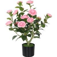 HOMCOM 65cm Artificial Camellia Flower Plant in Pot with 116 Lush Leaves & Moss Effect, Pink