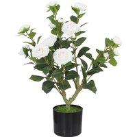 HOMCOM 65cm Artificial Camellia Flower Plant in Pot with 116 Lush Leaves & Moss Effect, White