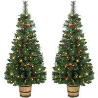 HOMCOM 2 PCs Prelit Christmas Trees with Dual-Colour LEDs, Berry, Pinecones, Battery-Operated, 11 Modes, Pot, Remote, 4ft