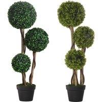 HOMCOM Decorative Artificial Plants Set of 2, Boxwood Ball Topiary Trees in Pot Fake Plants for Home Indoor Outdoor Decor, 90 cm, Dark Green