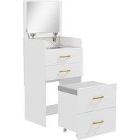 HOMCOM 3 in 1 Dressing Table with Flip-top Mirror and Rolling Stool, Modern Vanity Desk with Visible Glass Tabletop, Drawers and Side Hook, Makeup Table with Cushioned Storage Stool for Bedroom, White