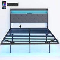 HOMCOM Floating Bed Frame, Upholstered 4ft6 Double Size Bed, Platform Bed with RGB LED Lights and Charging Station, Grey