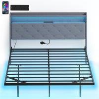 HOMCOM Floating Bed Frame, Upholstered 5ft King Size Bed, Platform Bed with RGB LED Lights and Charging Station, Grey
