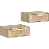 HOMCOM Floating Bedside Tables Set of 2, Wall Mounted Bedside Cabinets with Rattan Drawer and Wood Effect, Oak