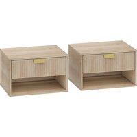 HOMCOM Set of 2 Wall Mounted Nightstands, Floating Bedside Tables with Fluted Drawer and Open Shelf for Small Bedroom, Oak