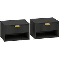 HOMCOM Set of 2 Wall Mounted Nightstands, Floating Bedside Tables with Fluted Drawer and Open Shelf for Small Bedroom, Black