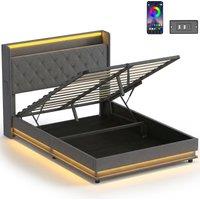 HOMCOM 4ft6 Double Bed Frame with Headboard, Platform Bed Frame with Hydraulic Storage, LED Lights and Charging Station, Grey