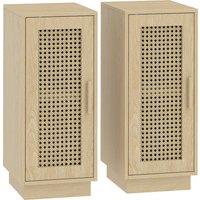 HOMCOM Set of 2 Bedside Tables with Rattan-Decor Doors, Boho Slim Nightstands with Adjustable Shelf, Natural Wood Finish