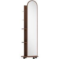 HOMCOM 2-in-1 Full Length Mirror with Storage Shelves, Floor Mirror with 4 Wheels, Coat Rack, Hooks, Brown Wood Effect