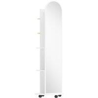 HOMCOM 2-in-1 Full Length Mirror with Storage Shelves, Floor Mirror with 4 Wheels, Coat Rack, Hooks, White
