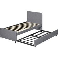 HOMCOM 3ft Single Bed Frame with Trundle, Upholstered Pull Out Trundle Bed with Headboard and Footboard, Dark Grey