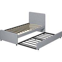 HOMCOM 3ft Single Bed Frame with Trundle, Upholstered Pull Out Trundle Bed with Headboard and Footboard, Light Grey