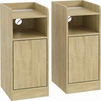 HOMCOM Slim Bedside Table Set of 2 with Charging Station, Narrow Bedside Cabinet with Adjustable Shelf, Oak