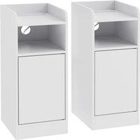 HOMCOM Slim Bedside Table Set of 2 with Charging Station, Narrow Bedside Cabinet with Adjustable Shelf, White