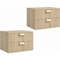HOMCOM Modern Floating Nightstands Set of 2, Wall Mounted Bedside Tables with 2 Drawers, Oak