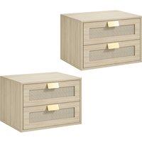 HOMCOM Modern Floating Nightstands Set of 2, Wall Mounted Bedside Tables with 2 Drawers, Oak