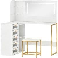 HOMCOM Dressing Table with LED Mirror and Stool, L-Shaped Vanity Desk with Drawers and Shelves, White